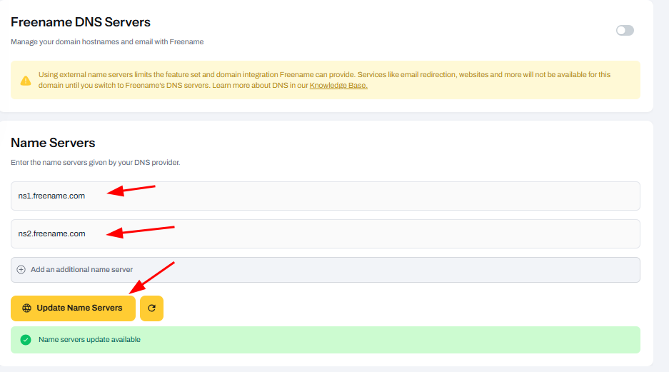 Freename Dashboard: Update Name Servers screenshot