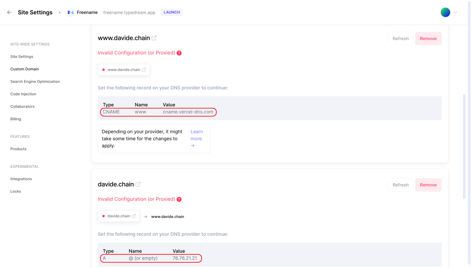 How to connect Freename Domain Typedream
