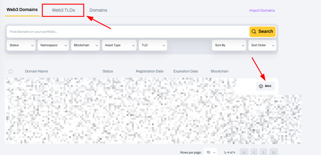 Mint Domain in Freename Dashboard Screenshot
