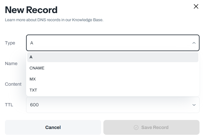 How to add new A Record screenshot