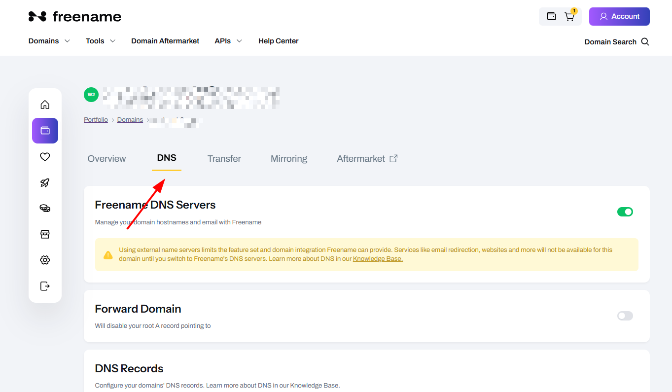 DNS forwarding domain screenshot Freename Dashboard
