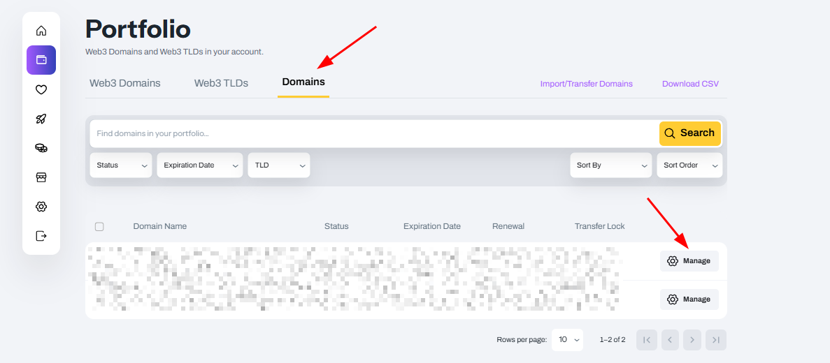 Freename Dashboard: Manage Your Domains Screenshot