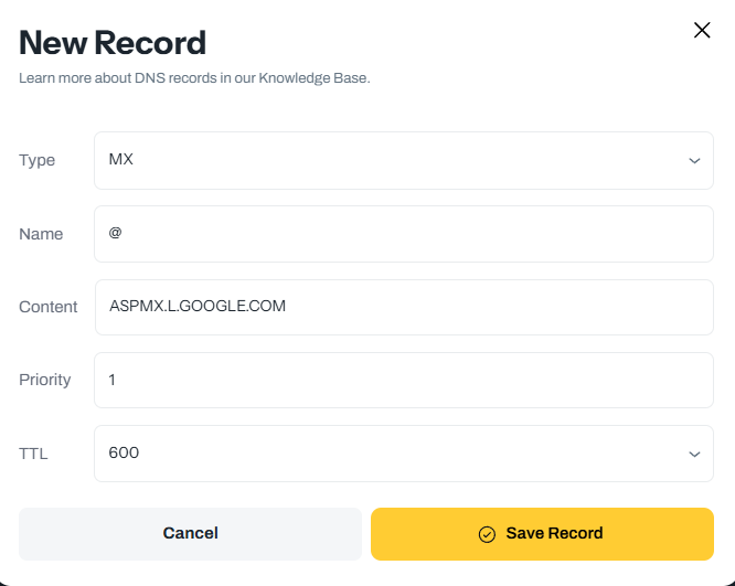 Add new MMX record on Freename
