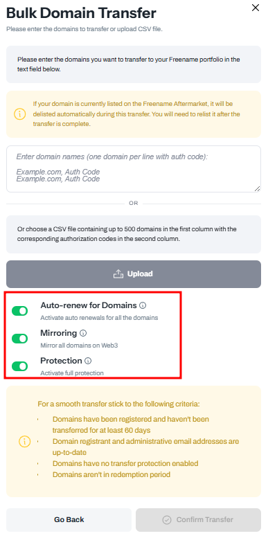 Bulk Trasnfer with autorenewal, privacy protection and web3 mirroring enabled screenshot