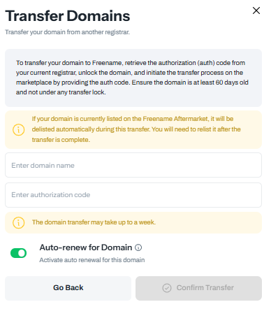 Trasnfer Domain name and authorization code screenshot