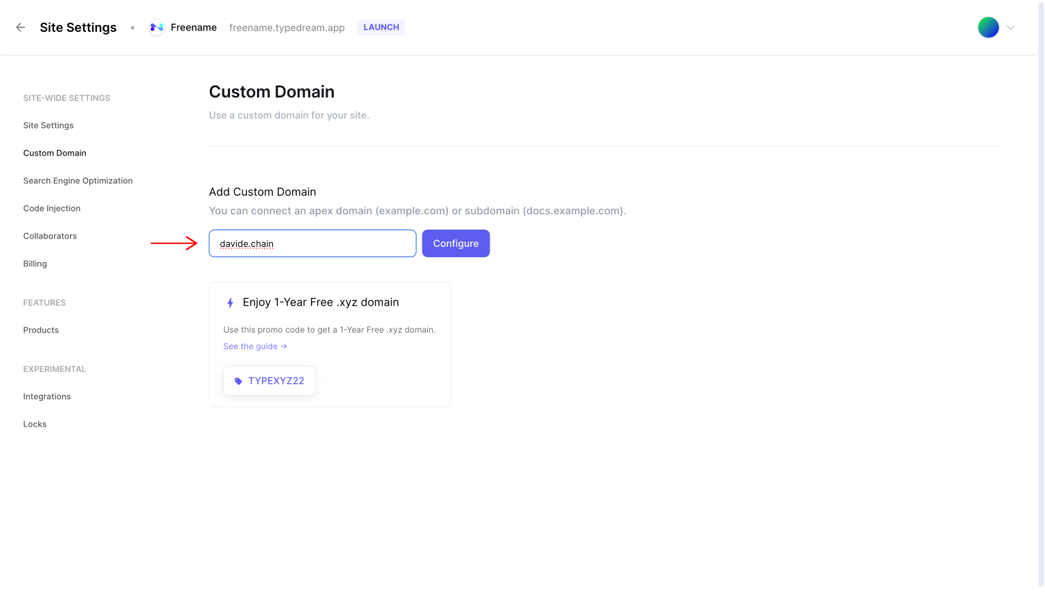 How to connect Freename Domain Typedream
